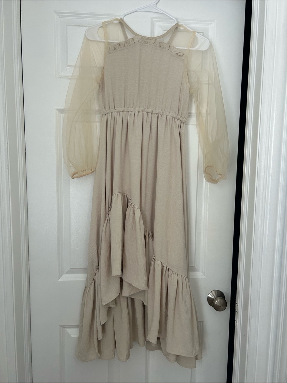 Joyfolie Beige Cream Ruffle High-Low Dress with Sheer Sleeves